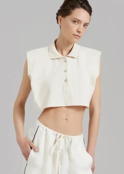 The Frankie Shop Serena Polo Padded Shoulders Boxy Top Beige Hot
