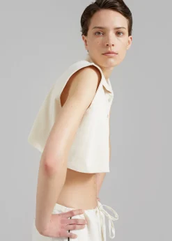 The Frankie Shop Serena Polo Padded Shoulders Boxy Top Beige Hot