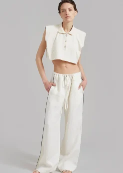 The Frankie Shop Serena Polo Padded Shoulders Boxy Top Beige Hot