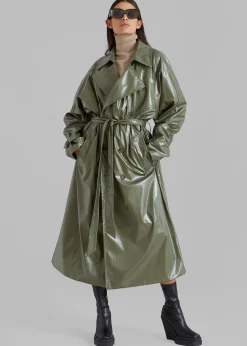 The Frankie Shop Sue Vinyl Trench Coat Green Best