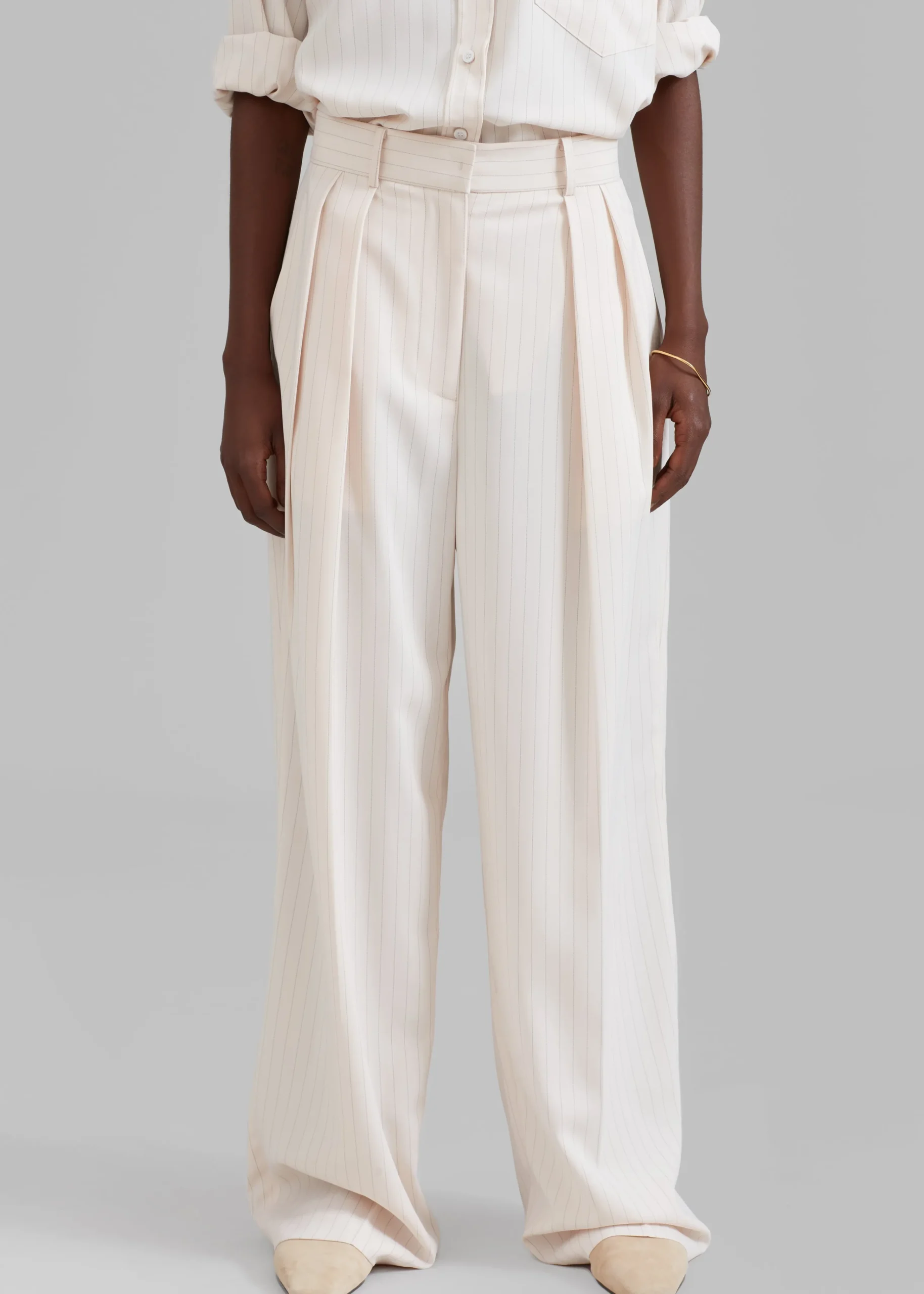 The Frankie Shop Tansy Fluid Pleated Trousers Beige Pinstripe Hot