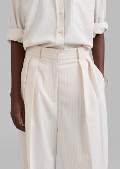 The Frankie Shop Tansy Fluid Pleated Trousers Beige Pinstripe Hot