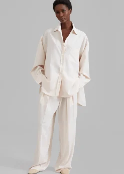 The Frankie Shop Tansy Fluid Pleated Trousers Beige Pinstripe Hot