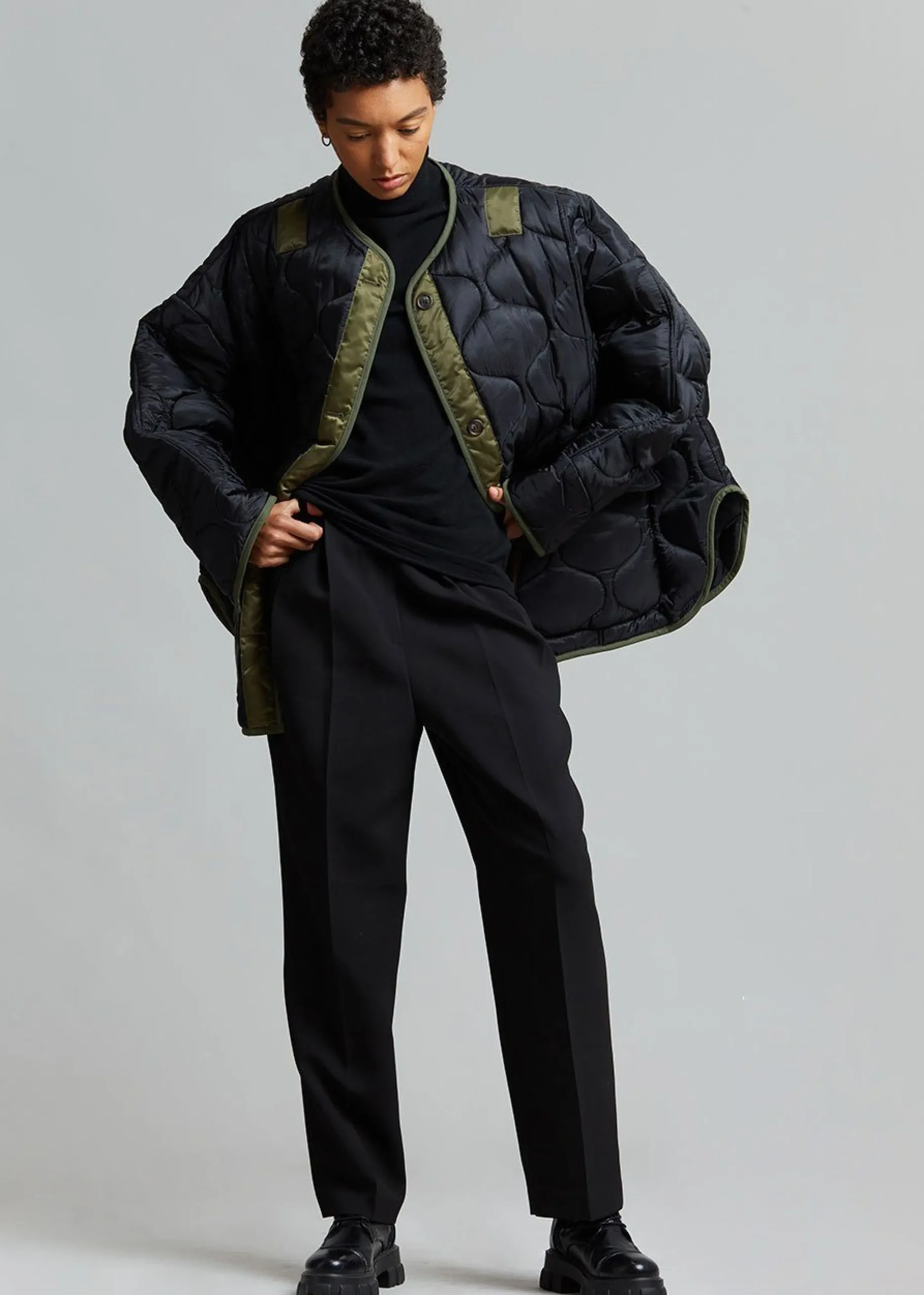 The Frankie Shop Teddy Quilted Jacket Black/Olive Clearance