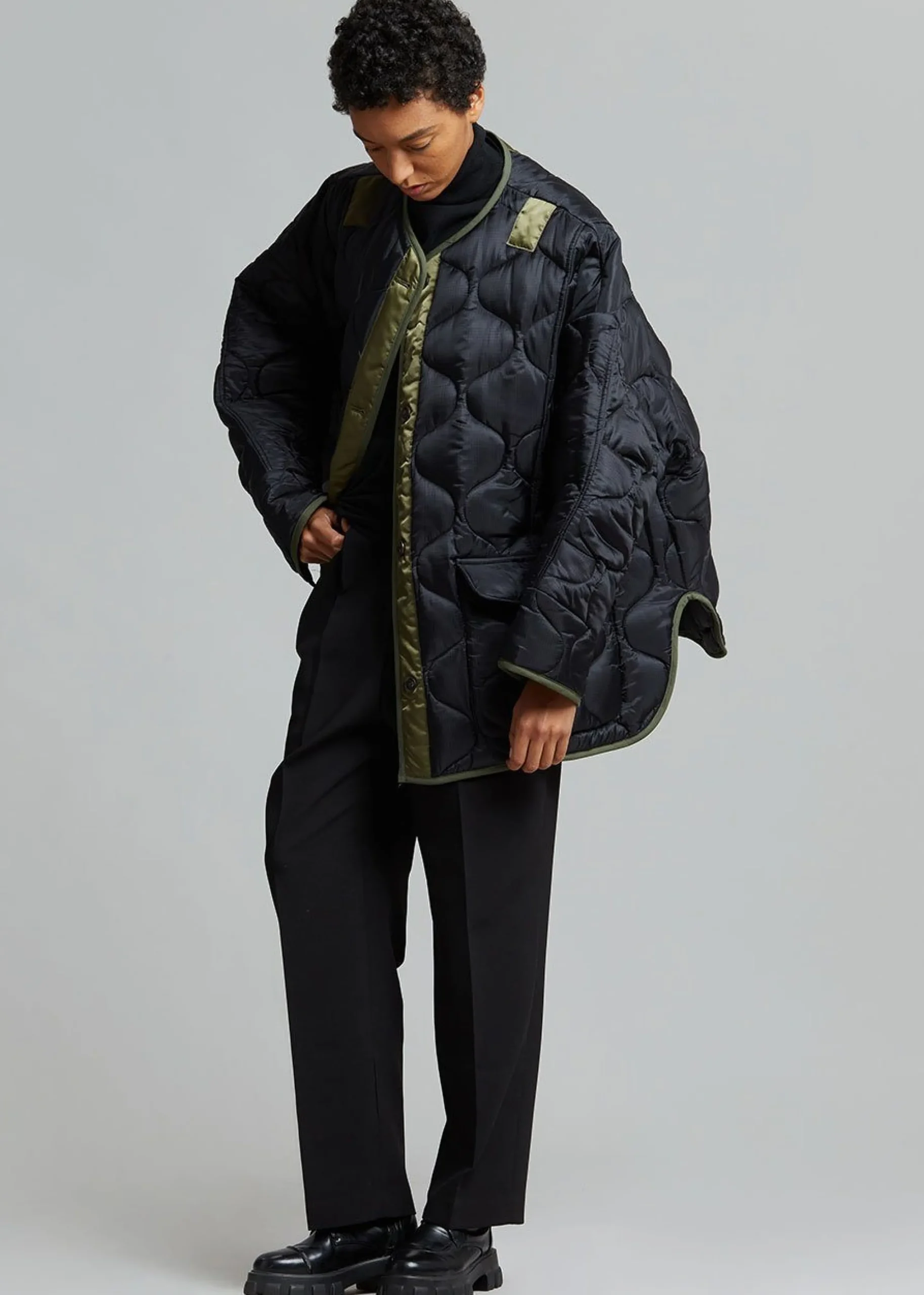 The Frankie Shop Teddy Quilted Jacket Black/Olive Clearance