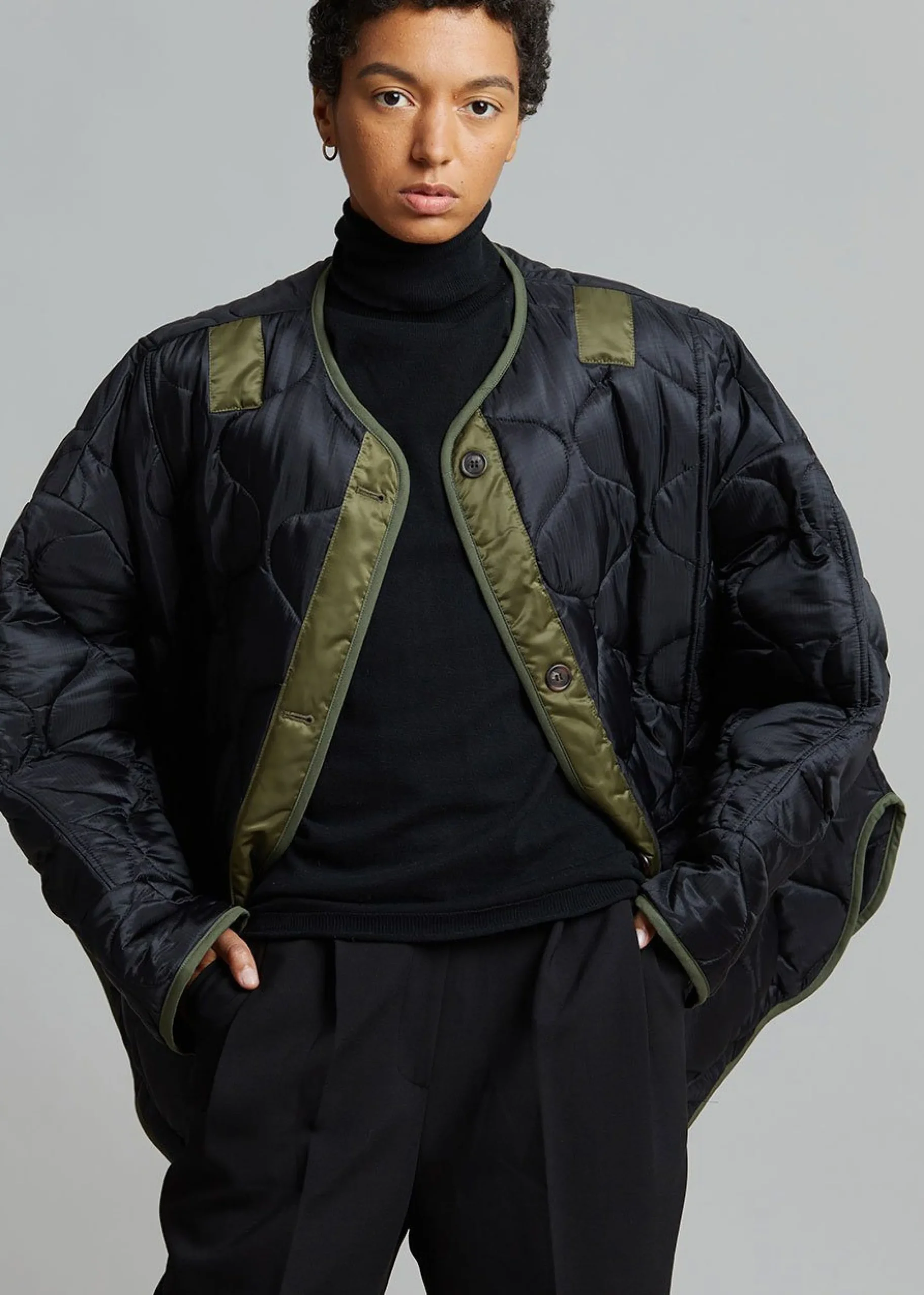 The Frankie Shop Teddy Quilted Jacket Black/Olive Clearance
