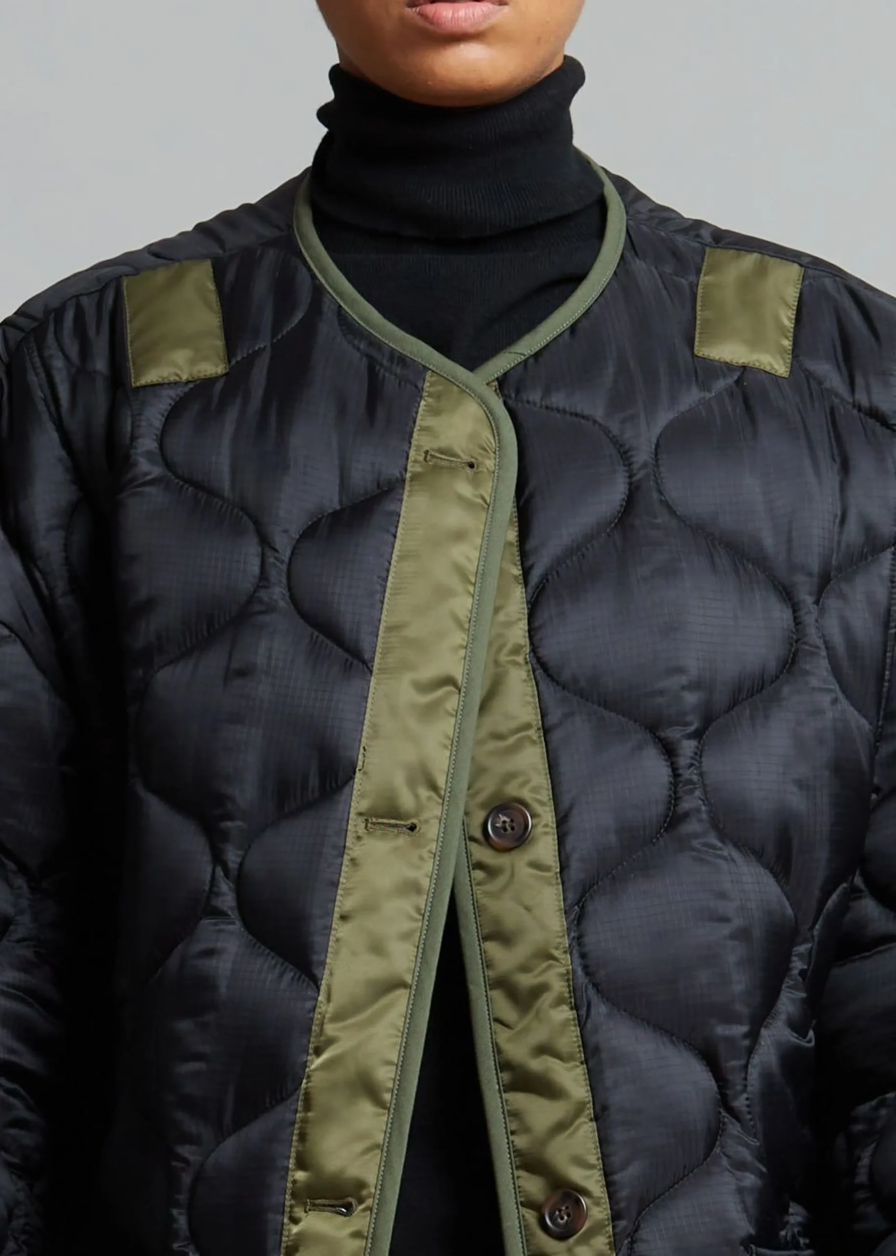 The Frankie Shop Teddy Quilted Jacket Black/Olive Clearance