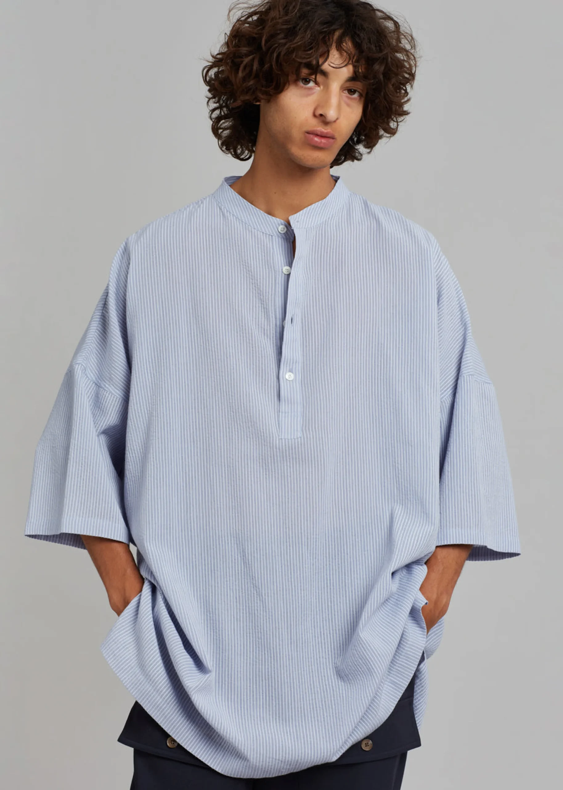 The Frankie Shop Teo Oversized Collarless Shirt Light Blue Sale