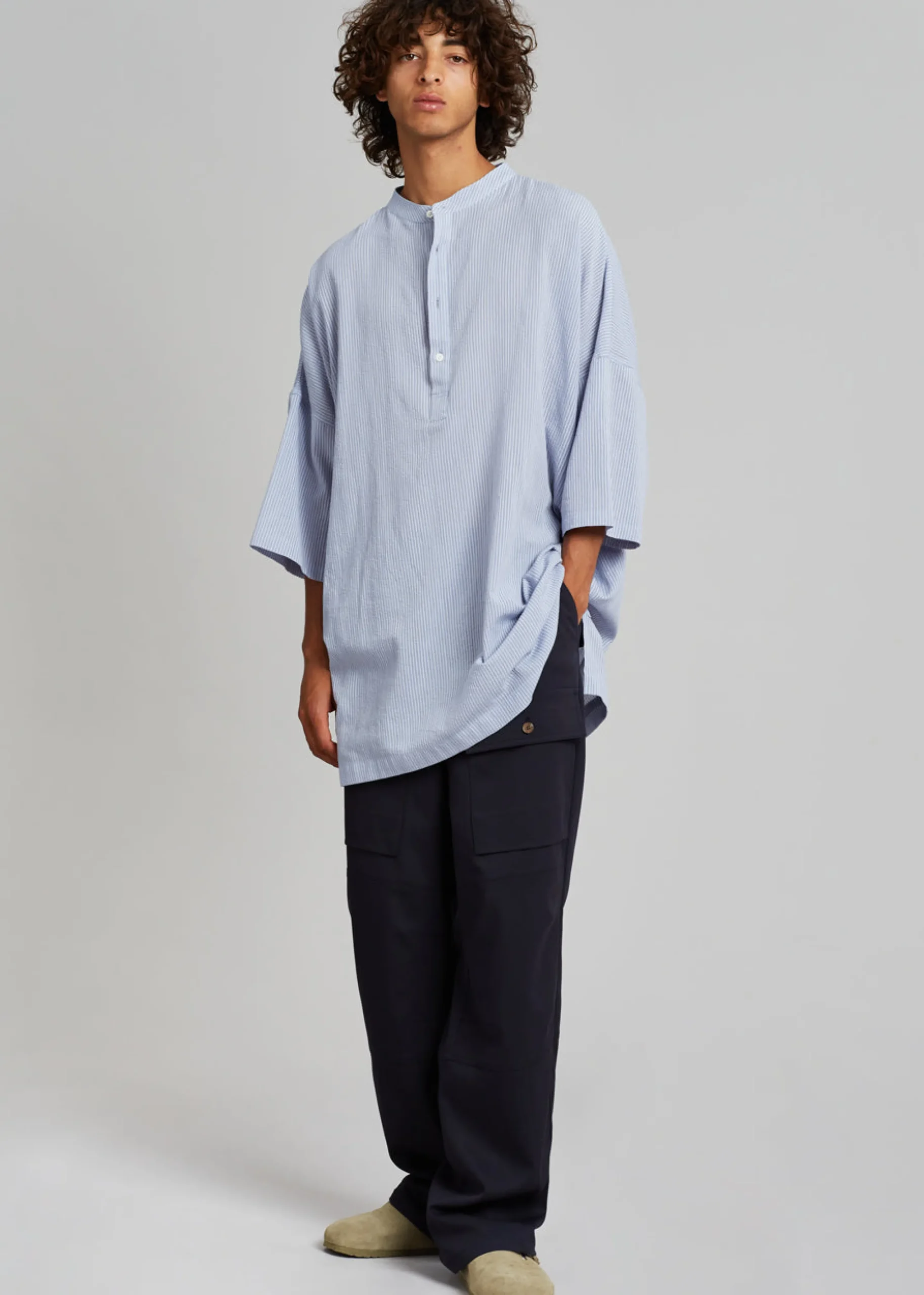 The Frankie Shop Teo Oversized Collarless Shirt Light Blue Sale