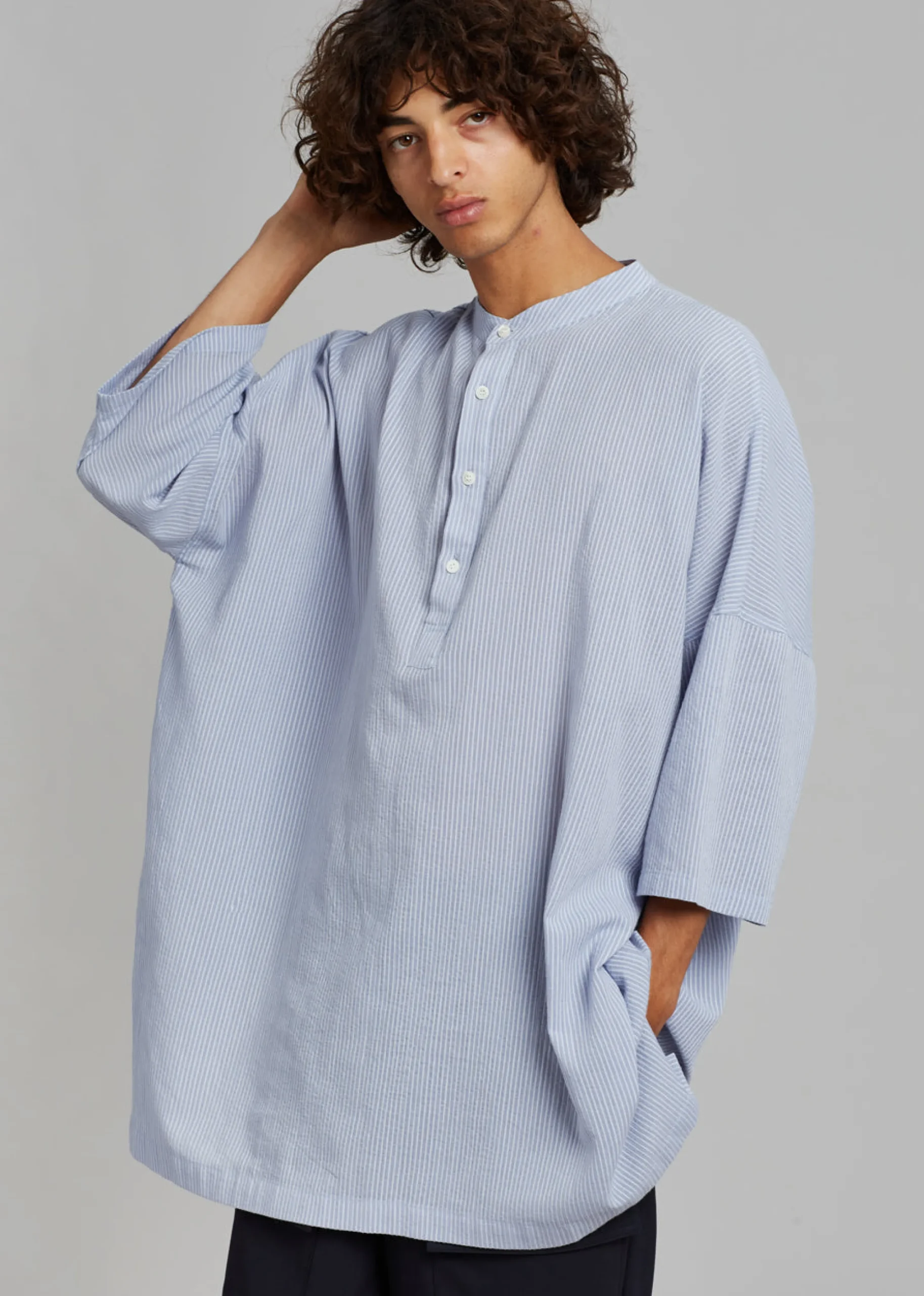 The Frankie Shop Teo Oversized Collarless Shirt Light Blue Sale
