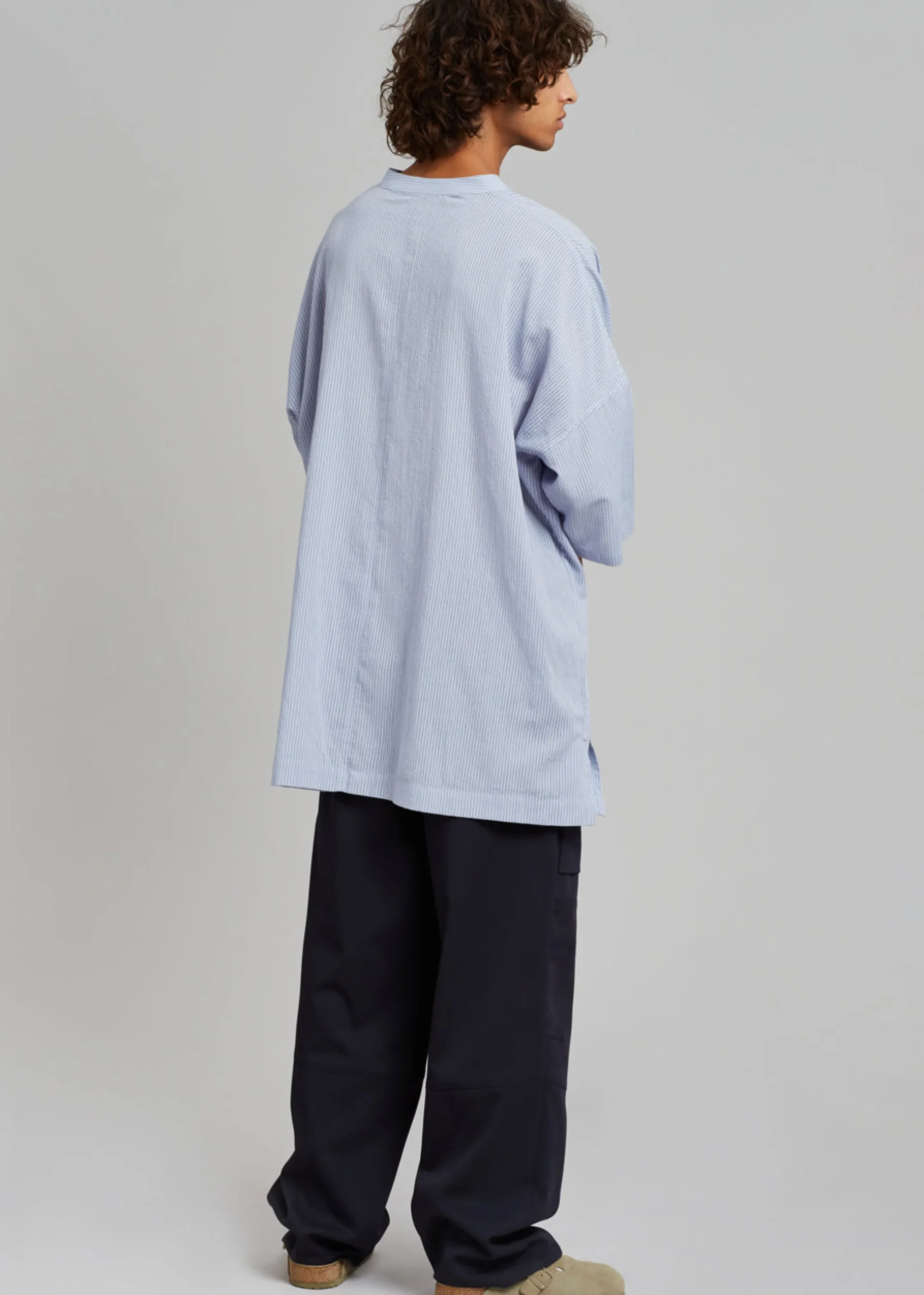 The Frankie Shop Teo Oversized Collarless Shirt Light Blue Sale