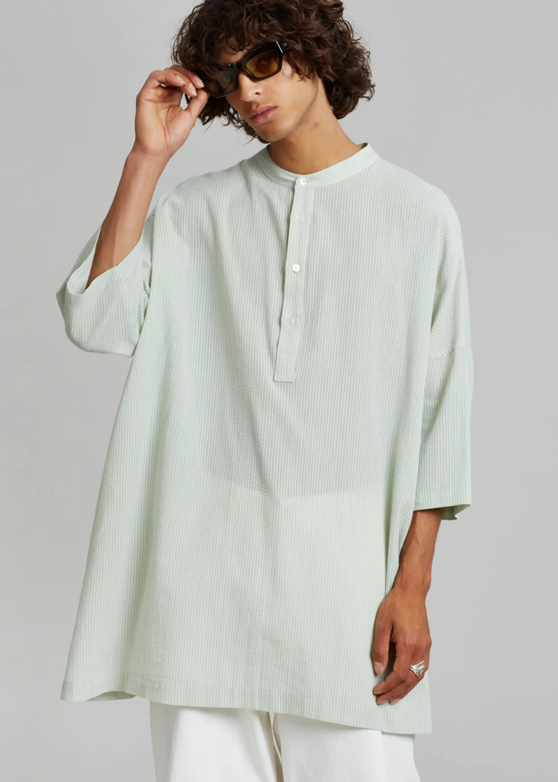 The Frankie Shop Teo Oversized Collarless Shirt Light Celadon Outlet