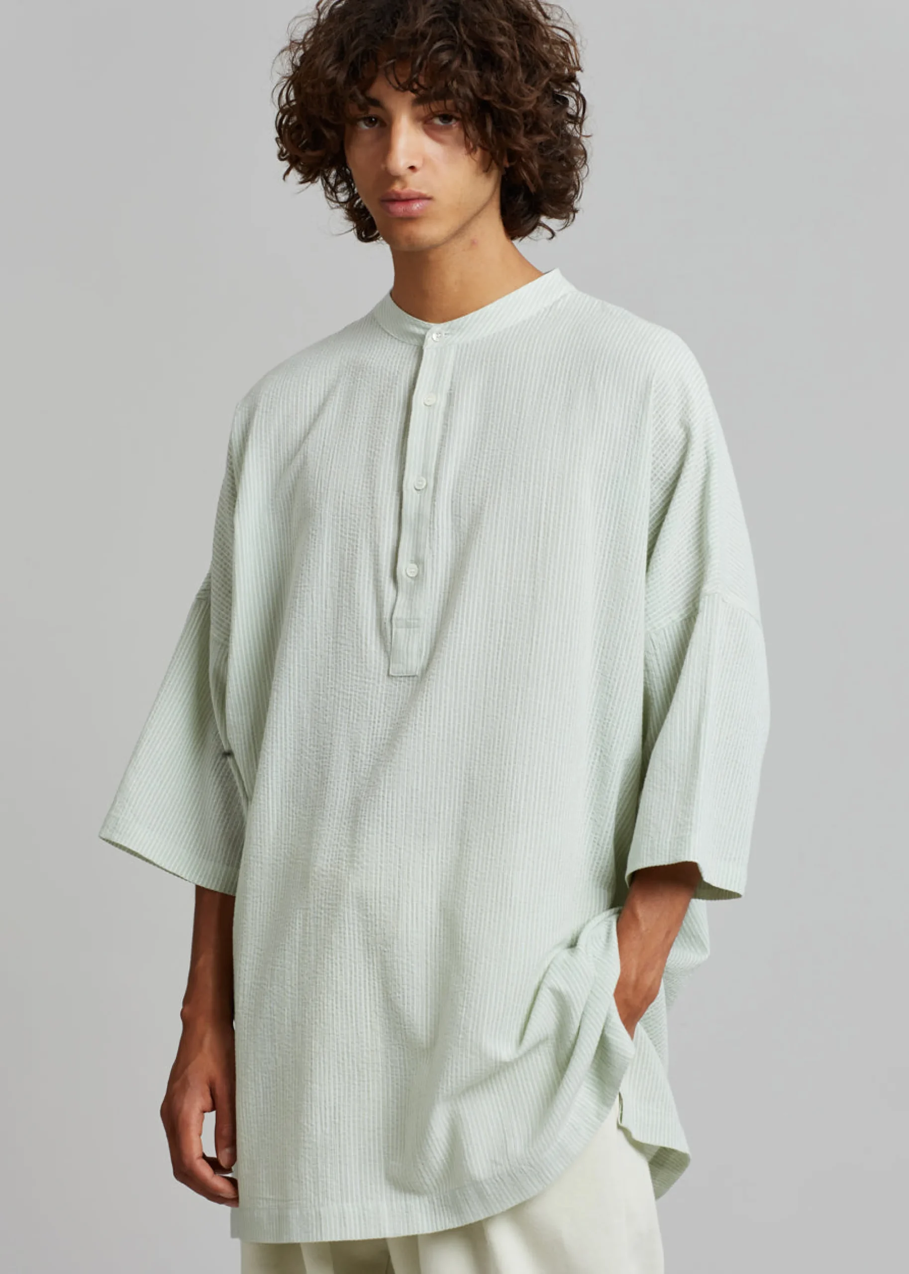 The Frankie Shop Teo Oversized Collarless Shirt Light Celadon Outlet