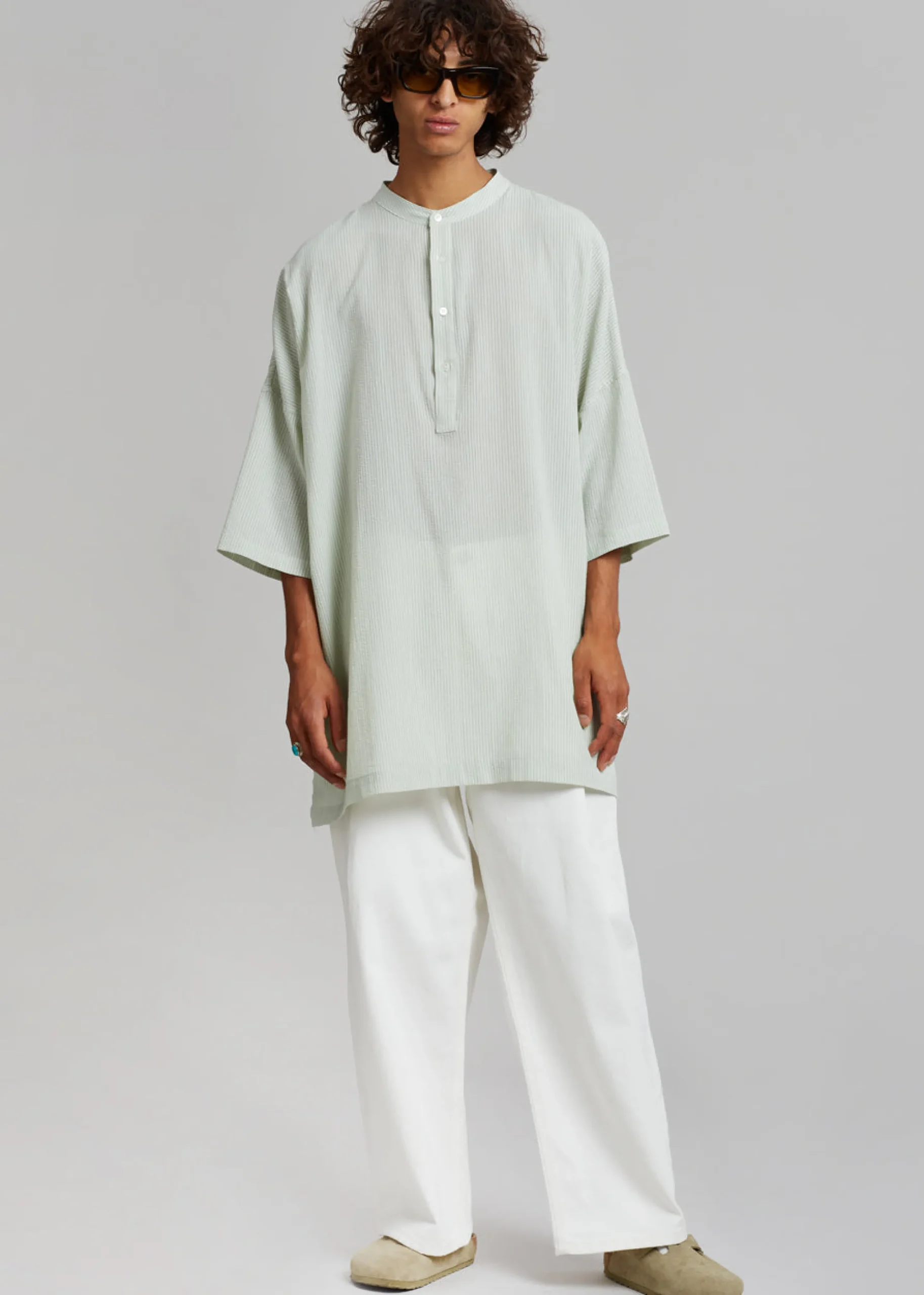 The Frankie Shop Teo Oversized Collarless Shirt Light Celadon Outlet