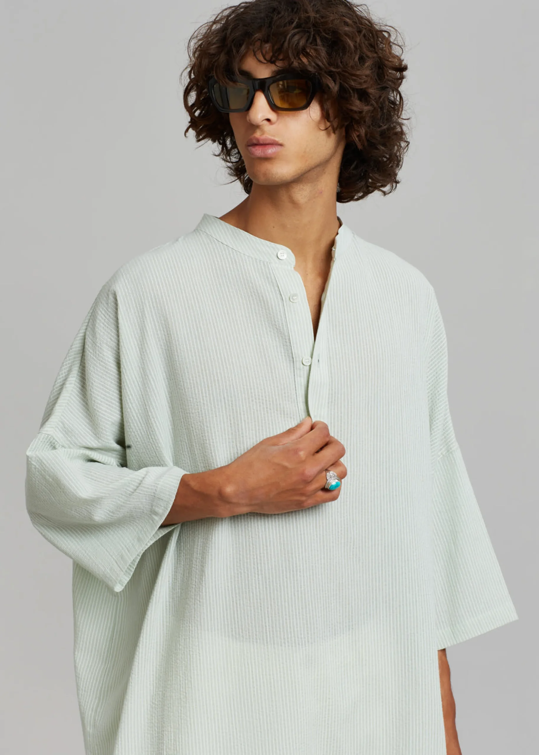 The Frankie Shop Teo Oversized Collarless Shirt Light Celadon Outlet