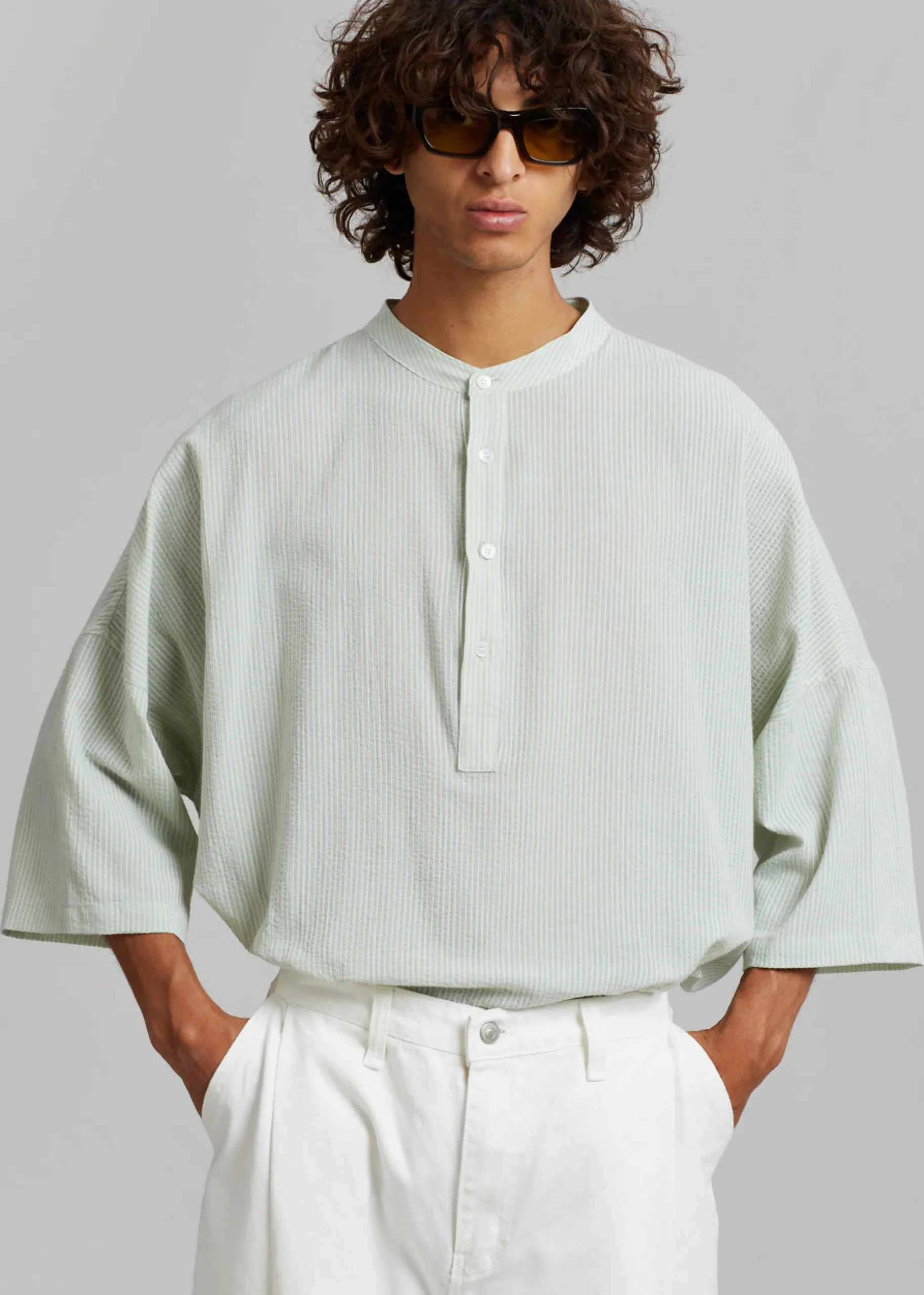 The Frankie Shop Teo Oversized Collarless Shirt Light Celadon Outlet