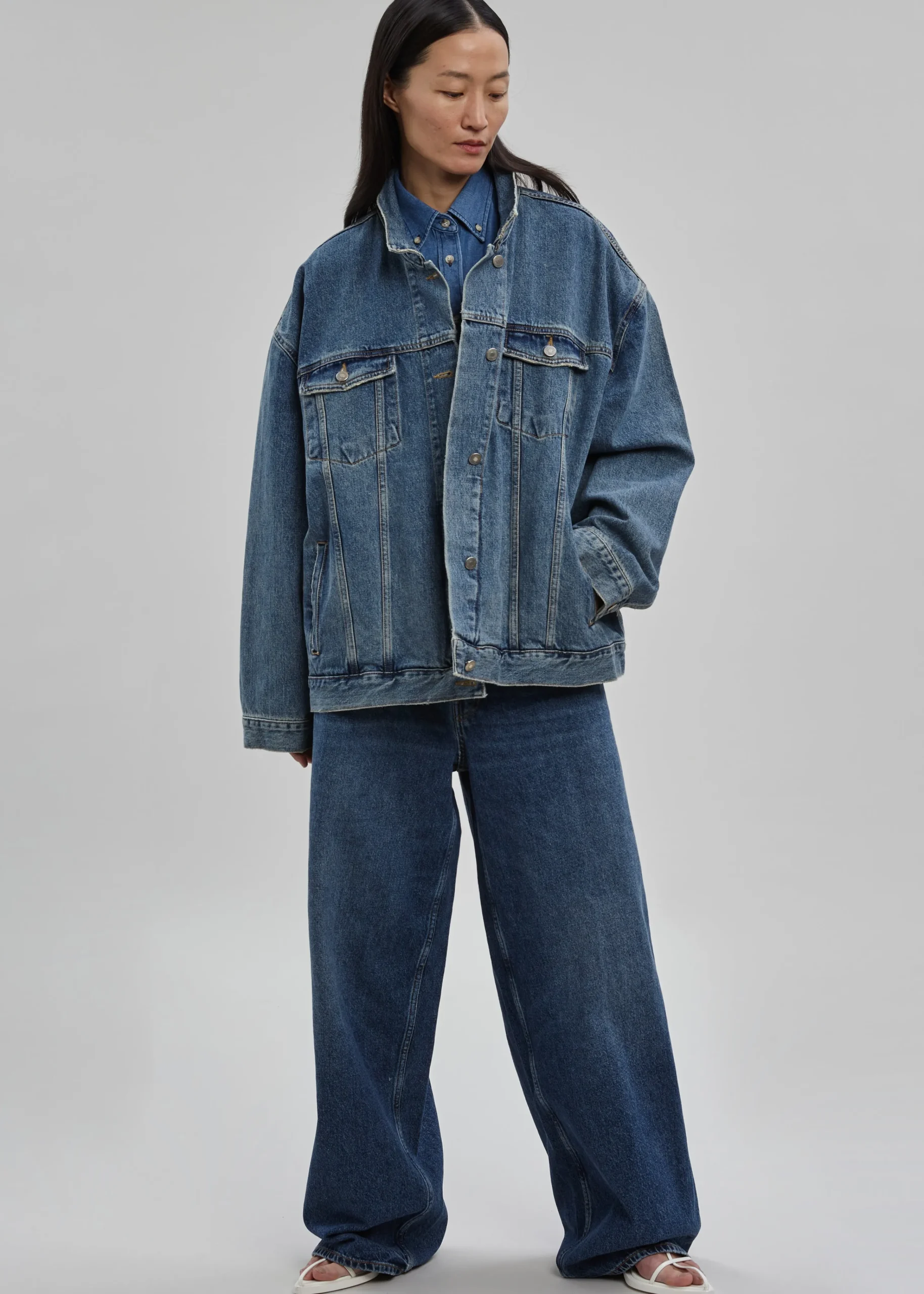 The Frankie Shop Texas Boxy Denim Jacket Medium Wash Discount