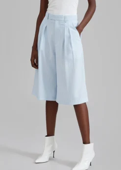 The Frankie Shop Vivian Fluid Pleated Bermuda Shorts Blue Pinstripe Discount
