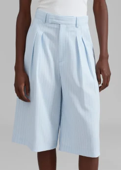 The Frankie Shop Vivian Fluid Pleated Bermuda Shorts Blue Pinstripe Discount