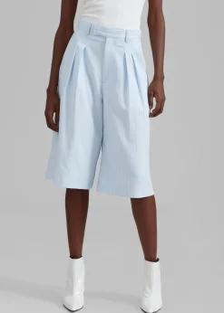 The Frankie Shop Vivian Fluid Pleated Bermuda Shorts Blue Pinstripe Discount