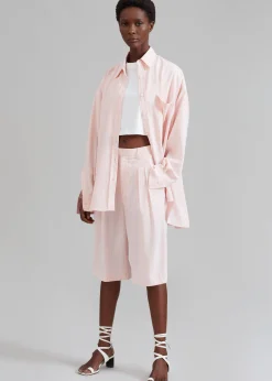 The Frankie Shop Vivian Fluid Pleated Bermuda Shorts Pink Pinstripe