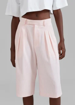 The Frankie Shop Vivian Fluid Pleated Bermuda Shorts Pink Pinstripe
