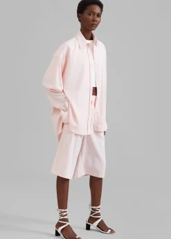The Frankie Shop Vivian Fluid Pleated Bermuda Shorts Pink Pinstripe