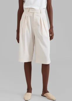 The Frankie Shop Vivian Fluid Pleated Bermuda Shorts Beige Pinstripe New